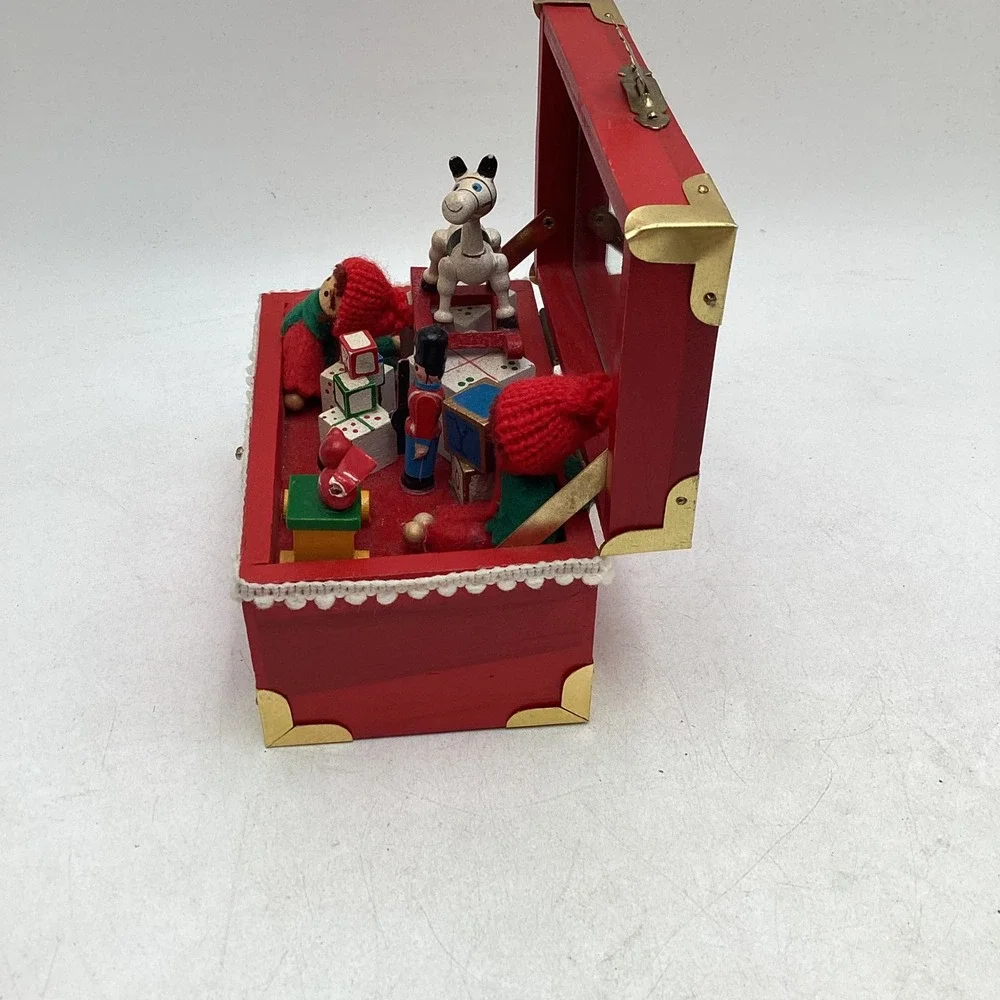 Vintage Christmas Toy Shop Musical Jewelry Box Red Wood Trunk Rocking Horse